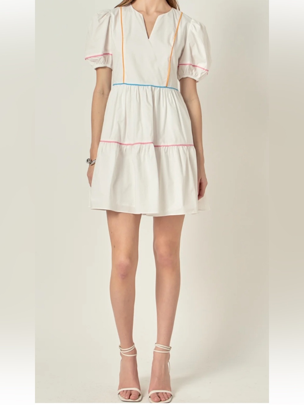English Factory by Anthropologie White Tiered Mini Dress/Pastel Stitching Sz XS